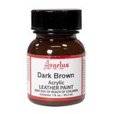 A small bottle of Angelus brand leather paint labeled "Dark Brown" containing 1 fl. oz. (29.5 ml) of acrylic paint. The label advises to keep out of reach of children.  