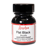 A small bottle of Angelus brand leather paint labeled "Flat Black" containing 1 fl. oz. (29.5 ml) of acrylic paint. The label advises to keep out of reach of children.  