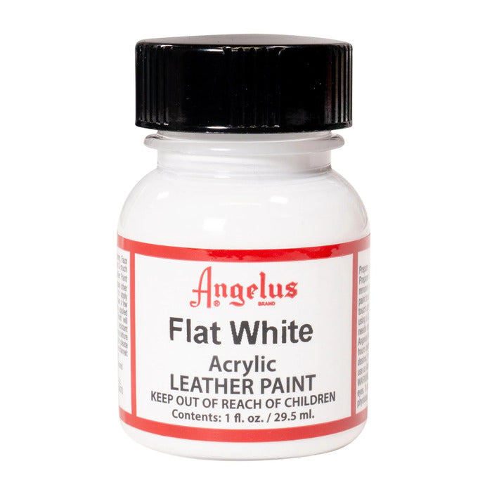 A small bottle of Angelus brand leather paint labeled "Flat White" containing 1 fl. oz. (29.5 ml) of acrylic paint. The label advises to keep out of reach of children.  