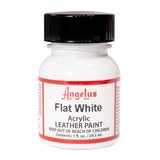 A small bottle of Angelus brand leather paint labeled "Flat White" containing 1 fl. oz. (29.5 ml) of acrylic paint. The label advises to keep out of reach of children.  