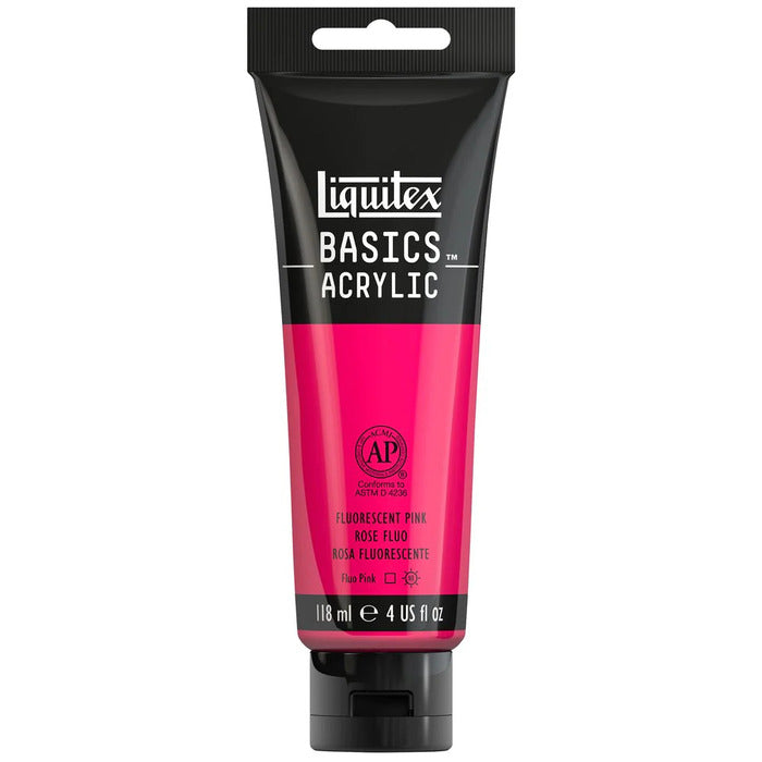 Fluorescent Pink Liquitex Basic acrylic paint tube.