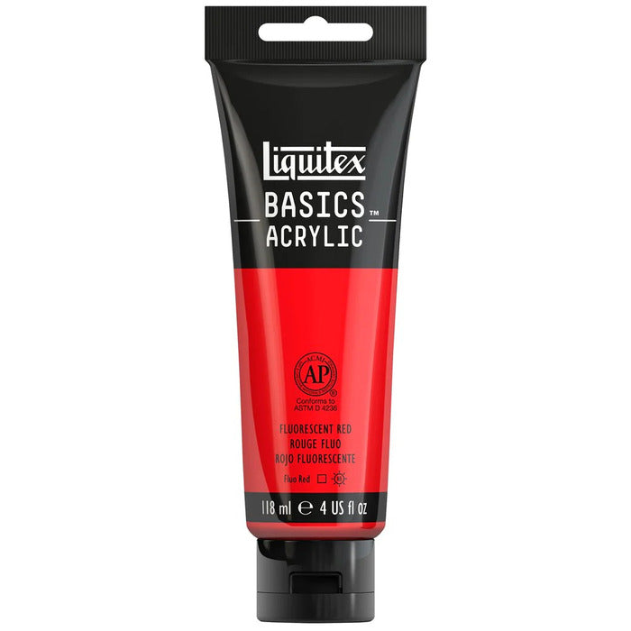 Fluorescent Red Liquitex Basic acrylic paint tube.