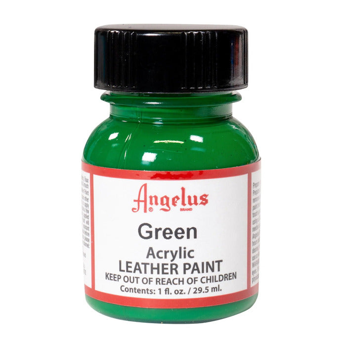 A small bottle of Angelus brand leather paint labeled "Green" containing 1 fl. oz. (29.5 ml) of acrylic paint. The label advises to keep out of reach of children.  
