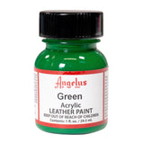 A small bottle of Angelus brand leather paint labeled "Green" containing 1 fl. oz. (29.5 ml) of acrylic paint. The label advises to keep out of reach of children.  