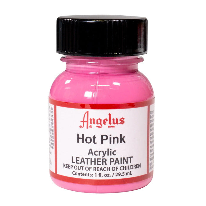 A small bottle of Angelus brand leather paint labeled "Hot Pink" containing 1 fl. oz. (29.5 ml) of acrylic paint. The label advises to keep out of reach of children.  