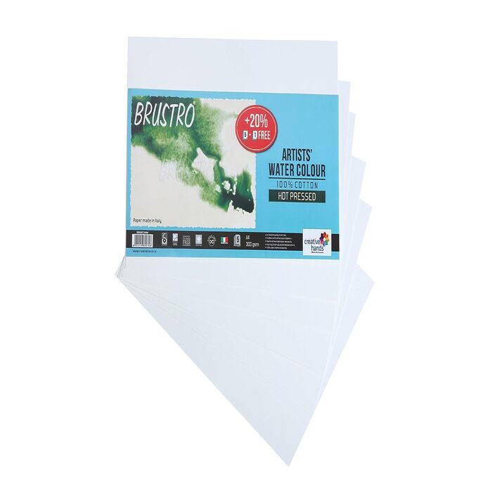 BRUSTRO WATERCOLOUR 100% COTTON HOT PRESSED 300 GSM A4, 5+1 FREE