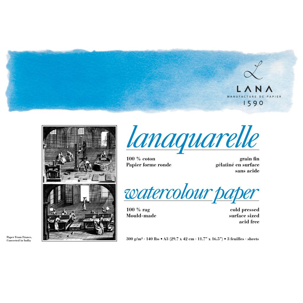 Lana Lanaquarelle A3 300gsm Cold Press Watercolour Paper 3 Sheets