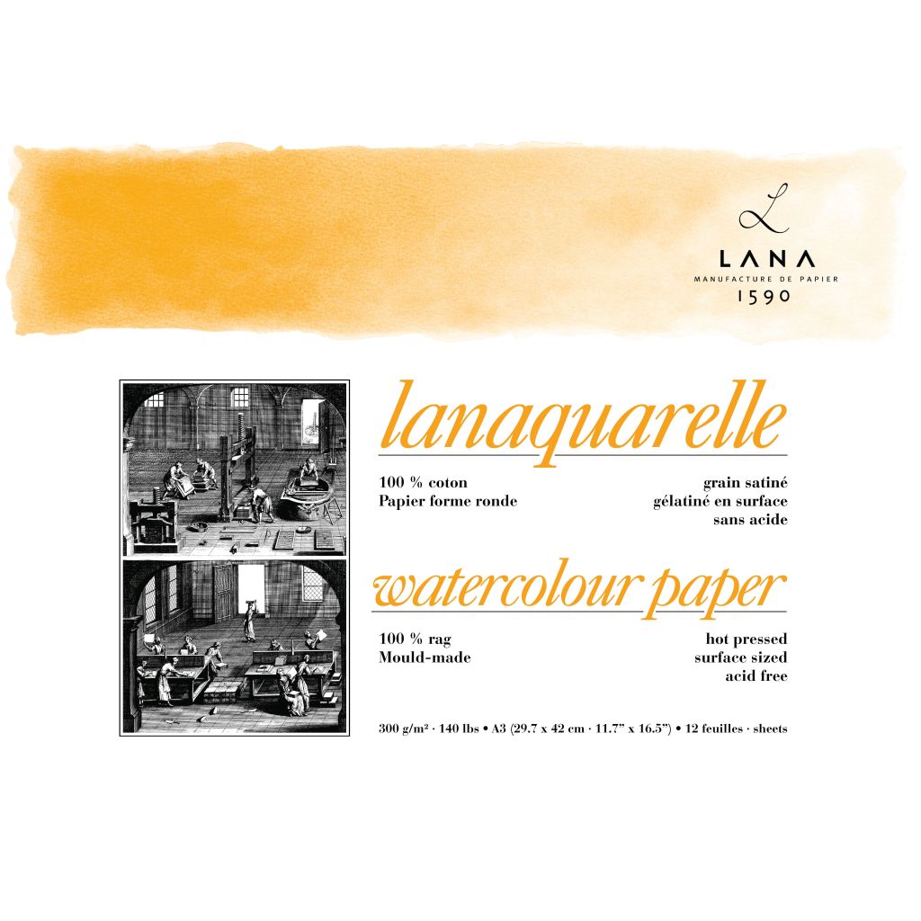 Lana Lanaquarelle A3 300gsm Hot Press Smooth Pad 12 Sheets
