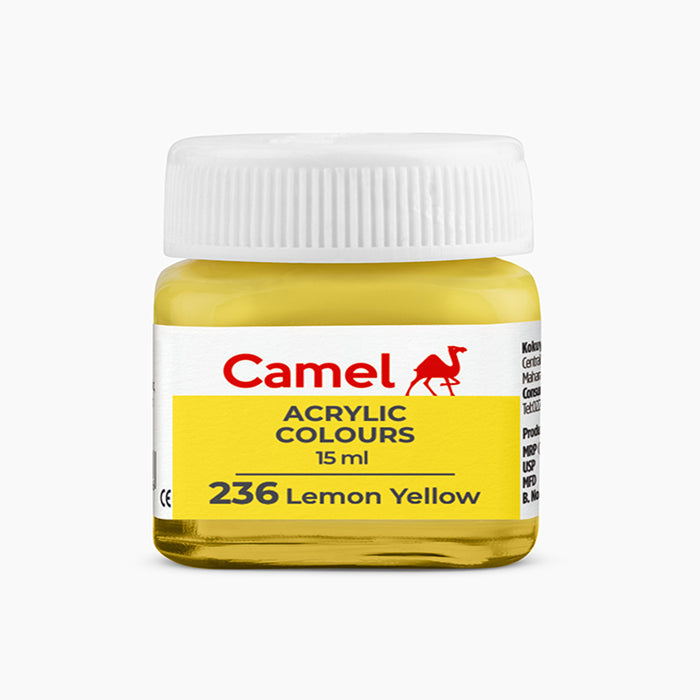 Camel acrylic colors 15ml tube in Lemon Yellow Shade.