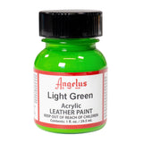 A small bottle of Angelus brand leather paint labeled "Light Green" containing 1 fl. oz. (29.5 ml) of acrylic paint. The label advises to keep out of reach of children.  
