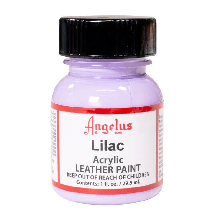 A small bottle of Angelus brand leather paint labeled "Lilac" containing 1 fl. oz. (29.5 ml) of acrylic paint. The label advises to keep out of reach of children.  