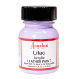 A small bottle of Angelus brand leather paint labeled "Lilac" containing 1 fl. oz. (29.5 ml) of acrylic paint. The label advises to keep out of reach of children.  