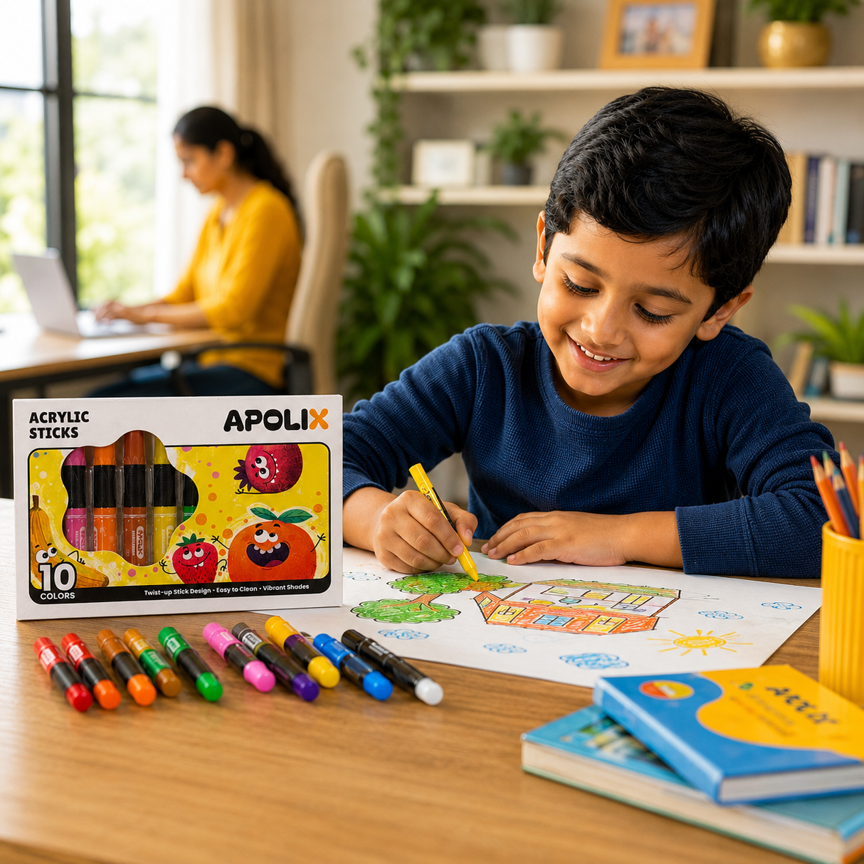 A child in a navy blue shirt smiles while coloring on a sheet of paper at a wooden table, with an APOLIX acrylic sticks set displayed in the foreground and a woman working on a laptop in the background.