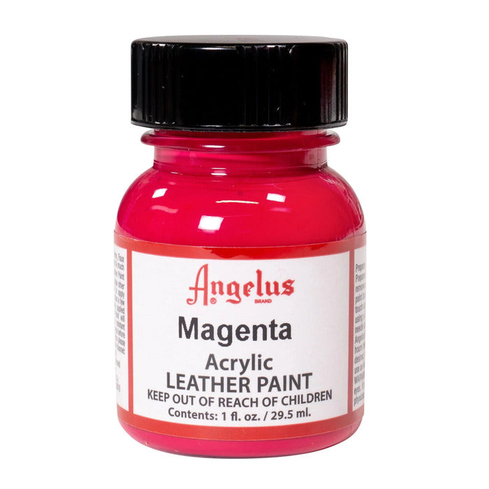 A small bottle of Angelus brand leather paint labeled "Magenta" containing 1 fl. oz. (29.5 ml) of acrylic paint. The label advises to keep out of reach of children.  