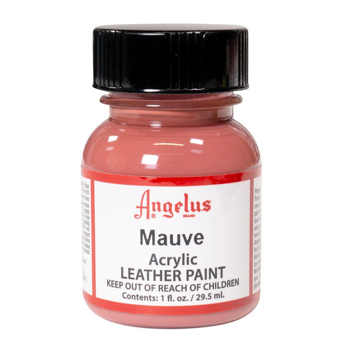 A small bottle of Angelus brand leather paint labeled "Mauve" containing 1 fl. oz. (29.5 ml) of acrylic paint. The label advises to keep out of reach of children.  