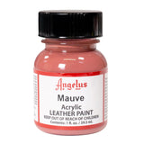 A small bottle of Angelus brand leather paint labeled "Mauve" containing 1 fl. oz. (29.5 ml) of acrylic paint. The label advises to keep out of reach of children.  