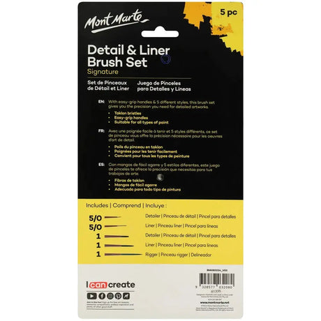 Mont Marte Detail & Liner Taklon Brush Set  (Set of 5, White) Mont Marte