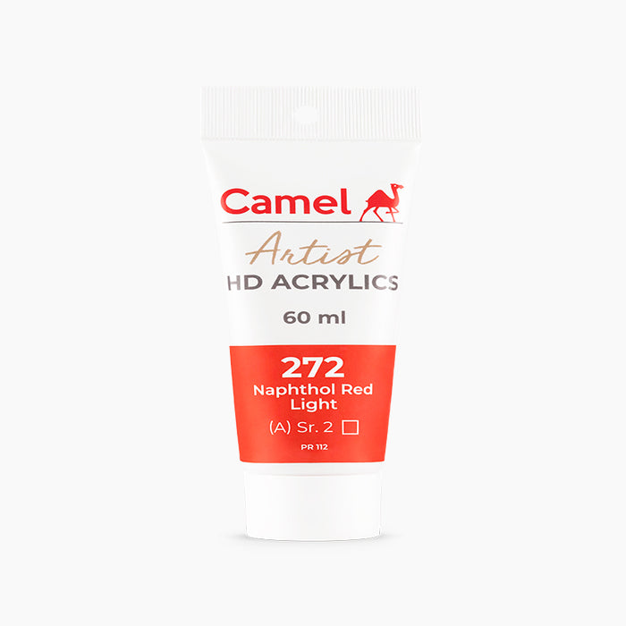 60ml tube of Camel HD Acrylic paint in Naphthol Red Light Color.