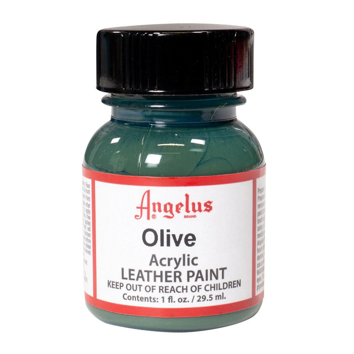 A small bottle of Angelus brand leather paint labeled "Olive" containing 1 fl. oz. (29.5 ml) of acrylic paint. The label advises to keep out of reach of children.  