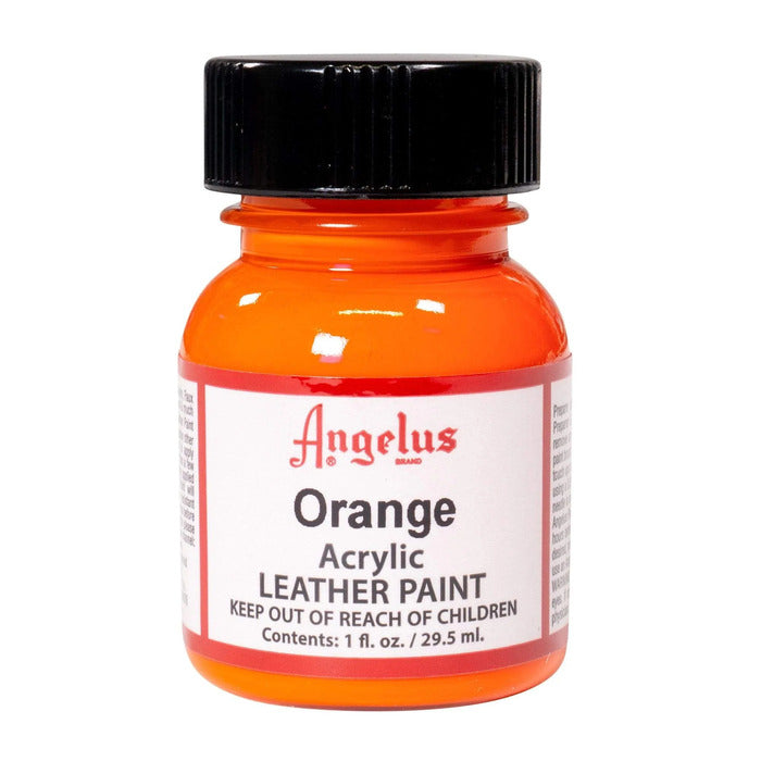 A small bottle of Angelus brand leather paint labeled "Orange" containing 1 fl. oz. (29.5 ml) of acrylic paint. The label advises to keep out of reach of children.  