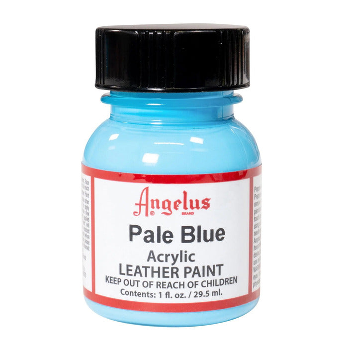 A small bottle of Angelus brand leather paint labeled "Pale Blue" containing 1 fl. oz. (29.5 ml) of acrylic paint. The label advises to keep out of reach of children.  
