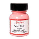 A small bottle of Angelus brand leather paint labeled "Petal Pink" containing 1 fl. oz. (29.5 ml) of acrylic paint. The label advises to keep out of reach of children.  