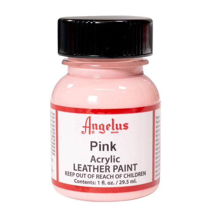 A small bottle of Angelus brand leather paint labeled "Pink" containing 1 fl. oz. (29.5 ml) of acrylic paint. The label advises to keep out of reach of children.  