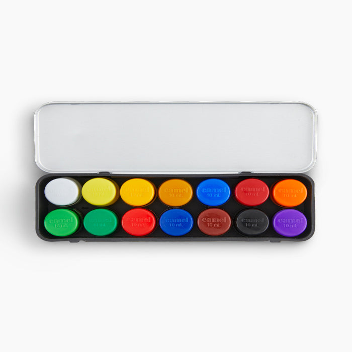 An open box of 14 shades camel poster color paints.