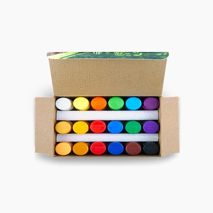 An open box of 18 shades camel poster color paints.