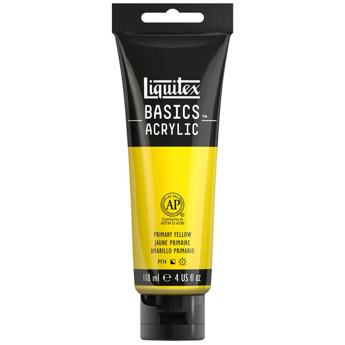 Primary Yellow Liquitex Basic acrylic paint tube.