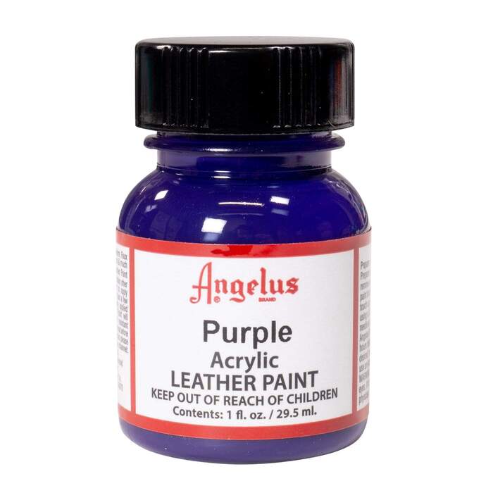 A small bottle of Angelus brand leather paint labeled "Purple" containing 1 fl. oz. (29.5 ml) of acrylic paint. The label advises to keep out of reach of children.  