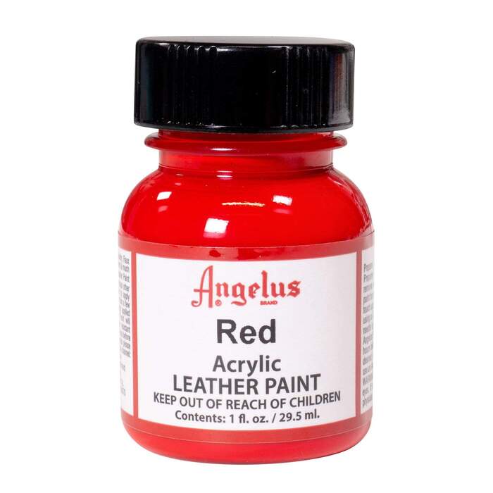 A small bottle of Angelus brand leather paint labeled "Red" containing 1 fl. oz. (29.5 ml) of acrylic paint. The label advises to keep out of reach of children.