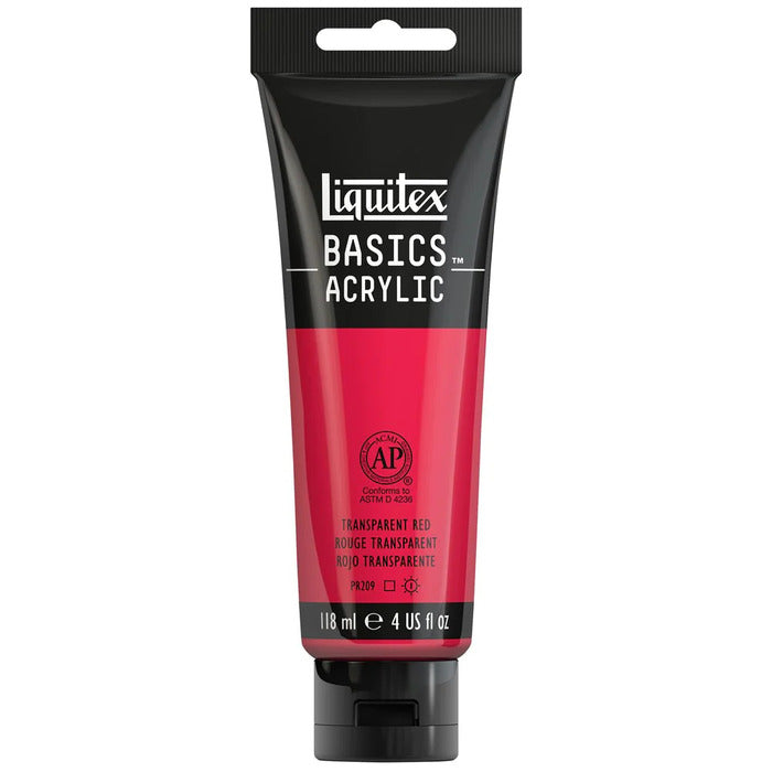 Transparent Red Liquitex Basic acrylic paint tube.