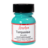 A small bottle of Angelus brand leather paint labeled "Turquoise" containing 1 fl. oz. (29.5 ml) of acrylic paint. The label advises to keep out of reach of children.  