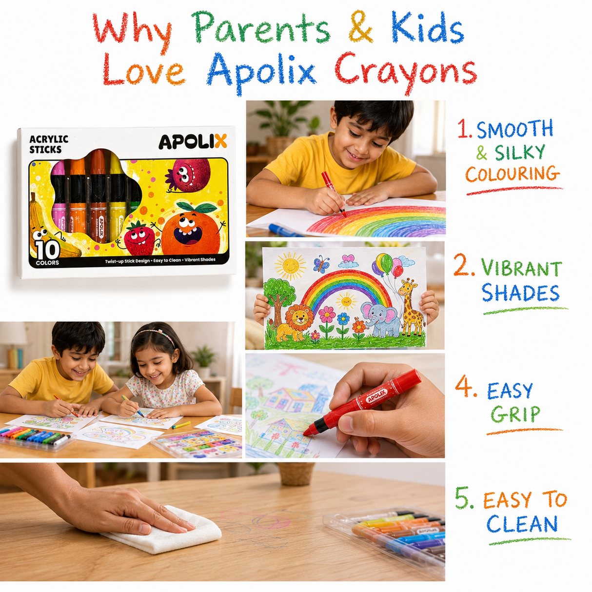 A promotional collage for Apolix crayons showing the product box, children drawing with colored pencils, a hand holding a red crayon, and text callouts about smooth silky coloring, vibrant shades, easy grip, and easy to clean.