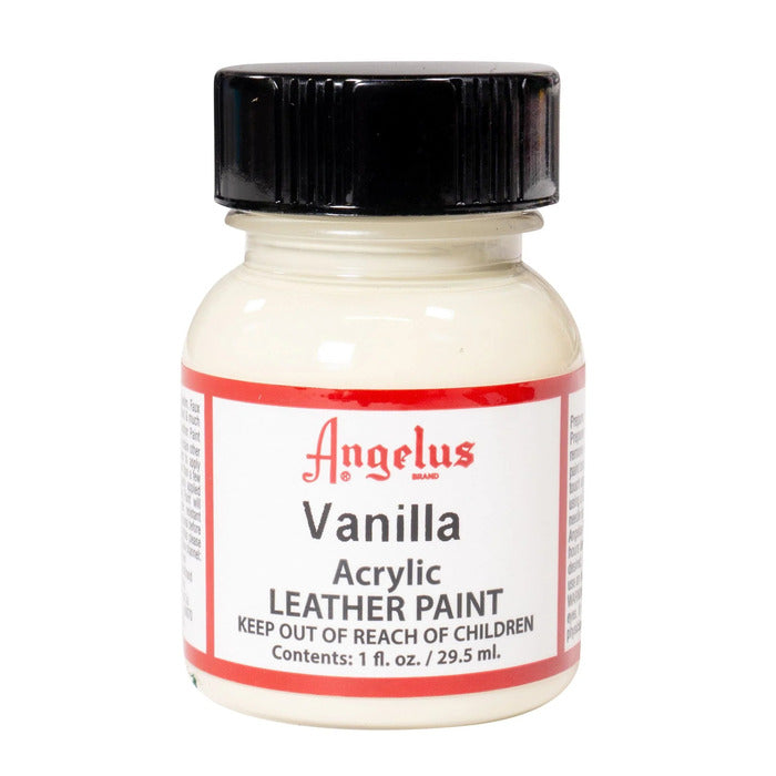 A small bottle of Angelus brand leather paint labeled "Vanilla" containing 1 fl. oz. (29.5 ml) of acrylic paint. The label advises to keep out of reach of children.  