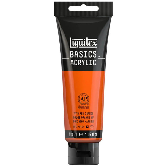 Vivid Red Orange Liquitex Basic acrylic paint tube.