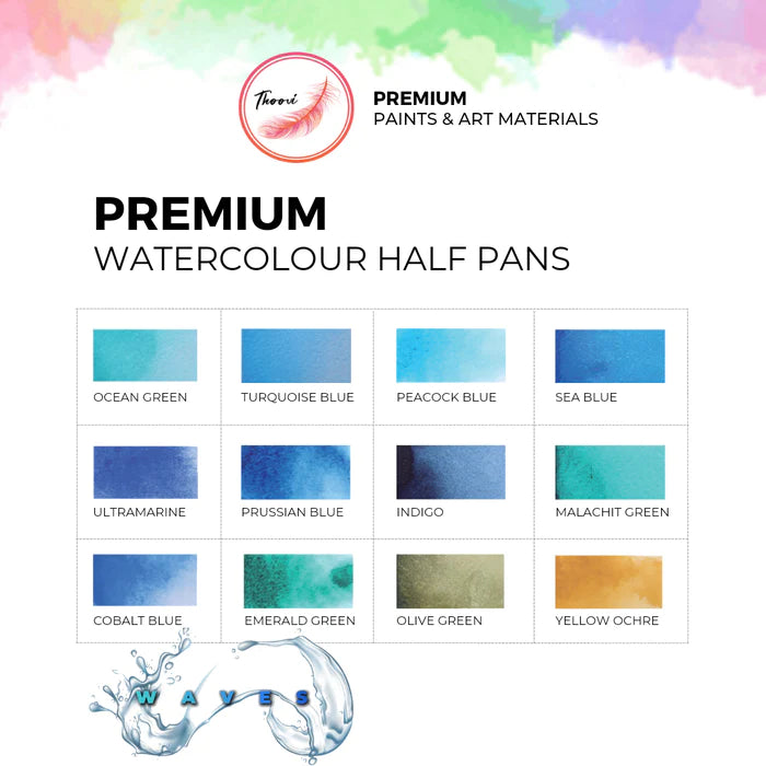 Thoovi Premium Watercolor Half Pans Set of 12 Waves Shades Chart