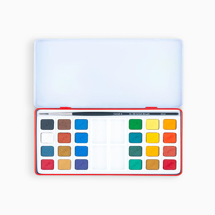 An open compact box of 24 shades water color cakes by camel.