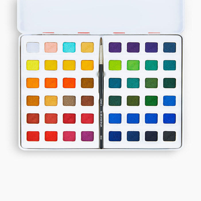 An open compact box of 48 shades water color cakes by camel.