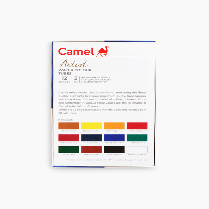 A chart of 12 shades of water color tubes 5ml each  by camel.