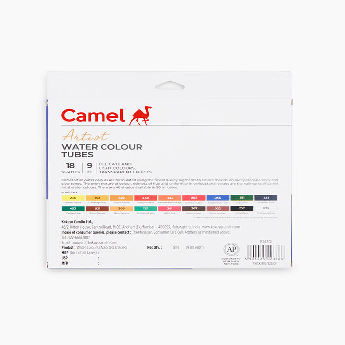 A chart of 18 shades of water color tubes 9ml each by camel.