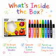 APOLIX 10-color acrylic stick set shown with its illustrated box on a white background, plus marketing text and checkmarks highlighting bright shades, smooth rich color application, and twist-up stick design.