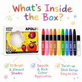 APOLIX 10-color acrylic stick set shown with its illustrated box on a white background, plus marketing text and checkmarks highlighting bright shades, smooth rich color application, and twist-up stick design.