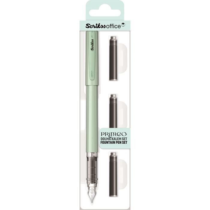 Scrikss Primeo Medium Nib Fountain Pen | 3 Cartridges Included | Stainless Steel Nib & ABS Body | Mint | in Blister Pack Scrikss