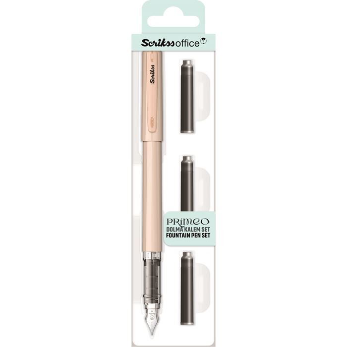 Scrikss Primeo Medium Nib Fountain Pen | 3 Cartridges Included | Stainless Steel Nib & ABS Body | Latte Pastel Brown| in Blister Pack Scrikss