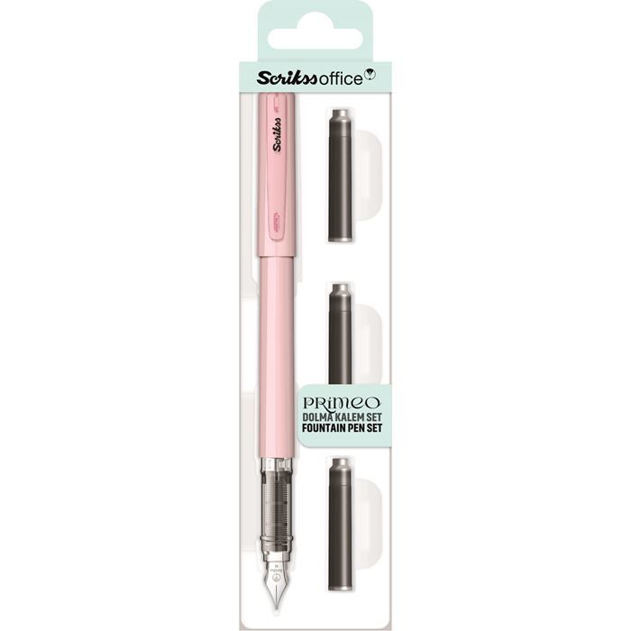 Scrikss Primeo Medium Nib Fountain Pen | 3 Cartridges Included | Stainless Steel Nib & ABS Body | Pink | in Blister Pack Scrikss