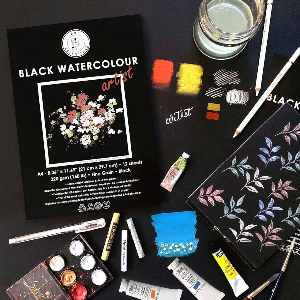 Art Essentials Black Watercolour Paper - 320gsm Fine Grain Poly Pack