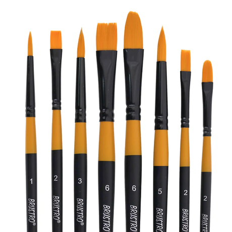 Brustro Artists Gold Taklon Brushes For Acrylics, Oil And Watercolour Set Of 8 - Short Handle