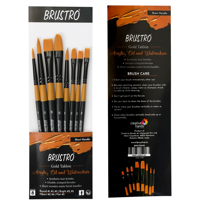 Brustro Artists Gold Taklon Brushes For Acrylics, Oil And Watercolour Set Of 8 - Short Handle